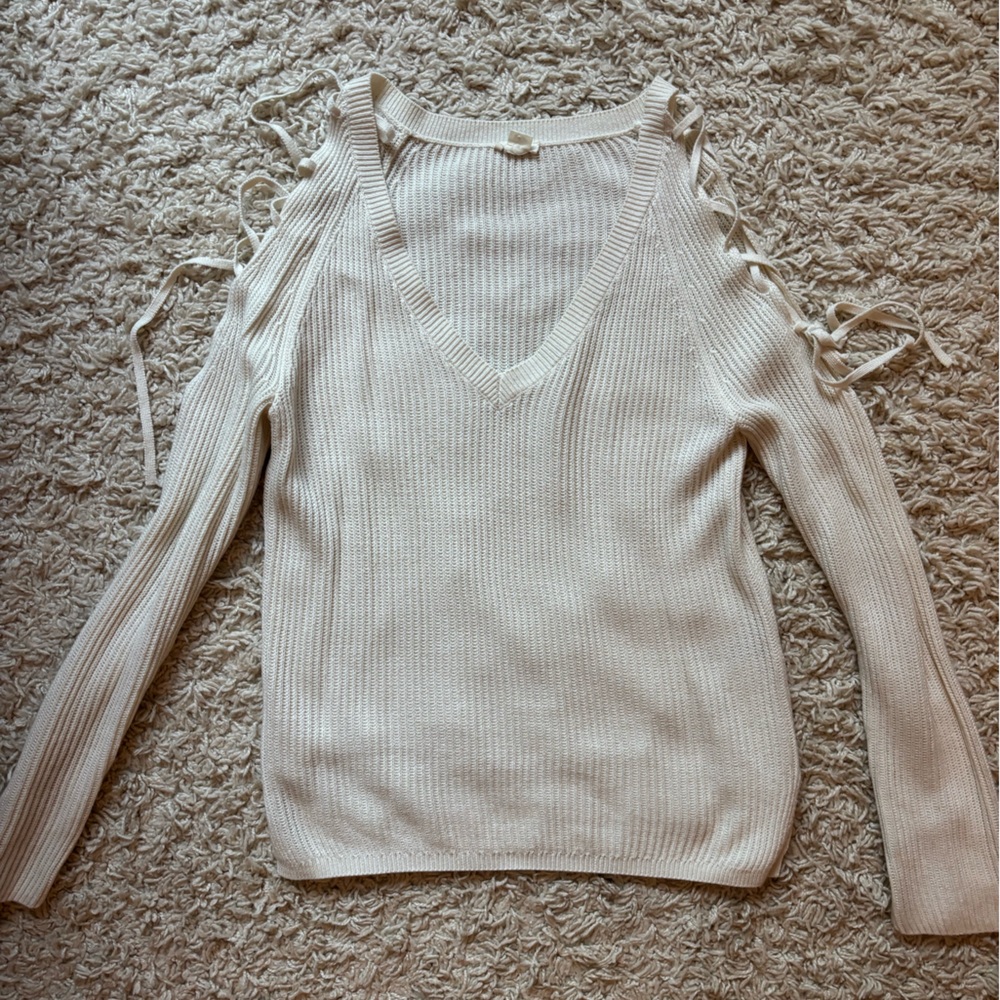 Garage White V-Neck Knit Sweater with Tie Detailing at Shoulders